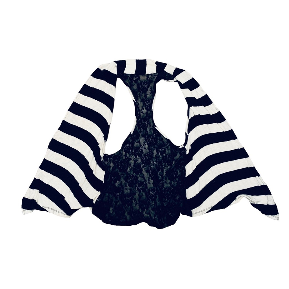 Robin K black and white stripe with lace back vest shawl cardigan size small